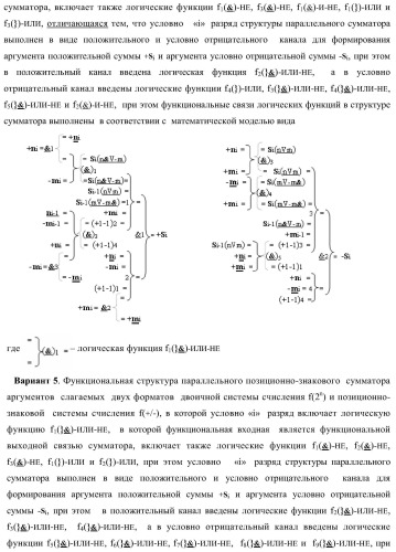 Функциональная структура параллельного позиционно-знакового сумматора аргументов слагаемых двух форматов двоичной системы счисления f(2n) и позиционно-знаковой системы счисления f(+/-) (варианты) (патент 2390050)