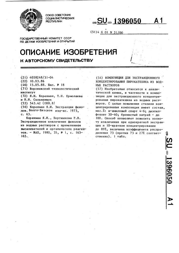 Композиция для экстракционного концентрирования пирокатехина из водных растворов (патент 1396050)