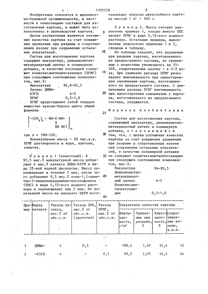 Состав для изготовления картона (патент 1305228)