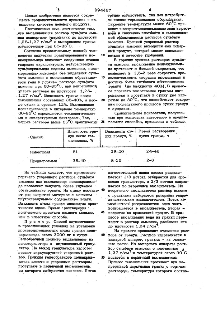 Способ получения гранулированного полиакриламида (патент 994467)