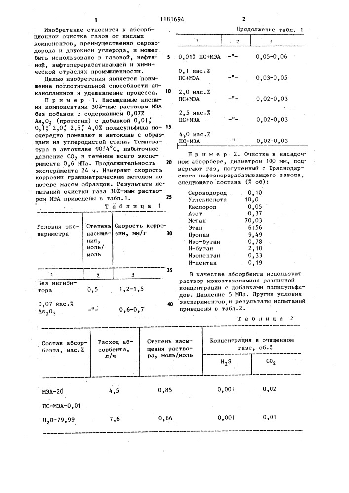 Способ очистки газов от кислых компонентов (патент 1181694)