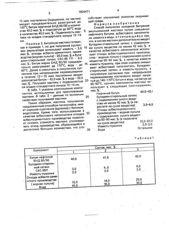 Способ получения холодной битумной эмульсионной мастики (патент 1804471)