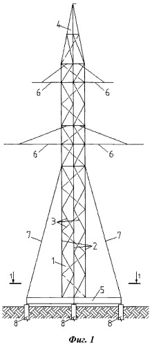 Одностоечная свободностоящая опора линии электропередачи с подкосами (патент 2456422)