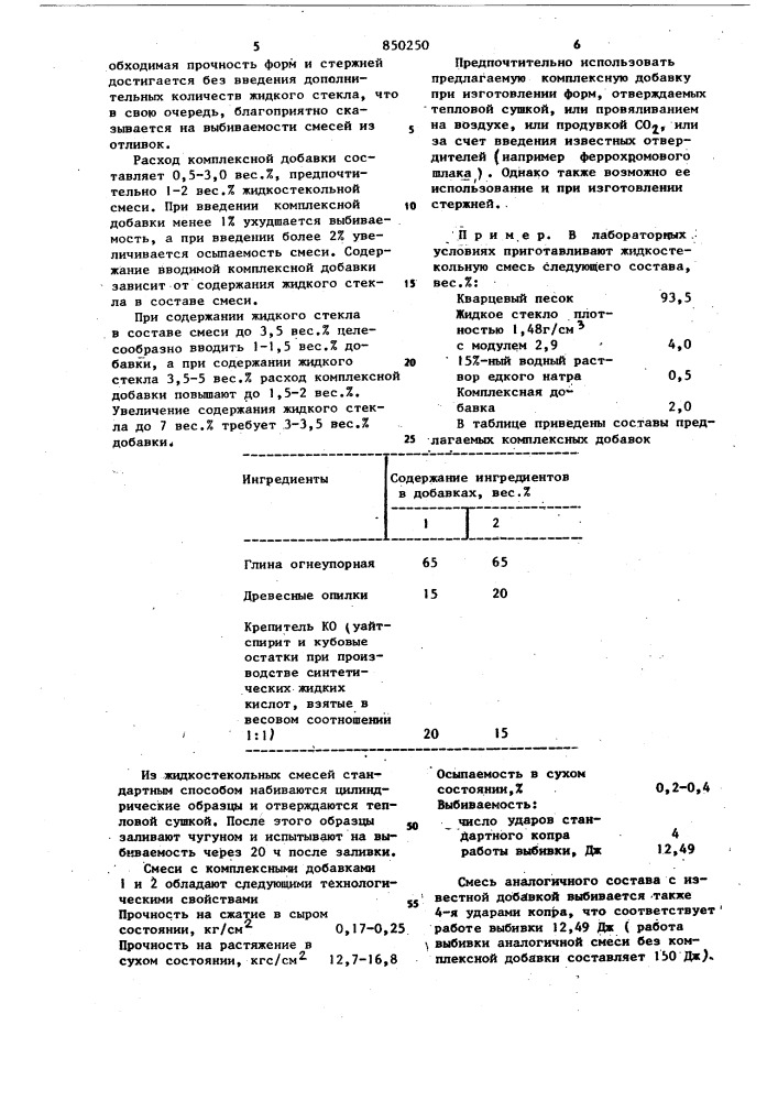 Комплексная добавка для улучшениявыбиваемости литейных форм и стерж-ней, изготовленных c жидкостекольнымсвязующим (патент 850250)