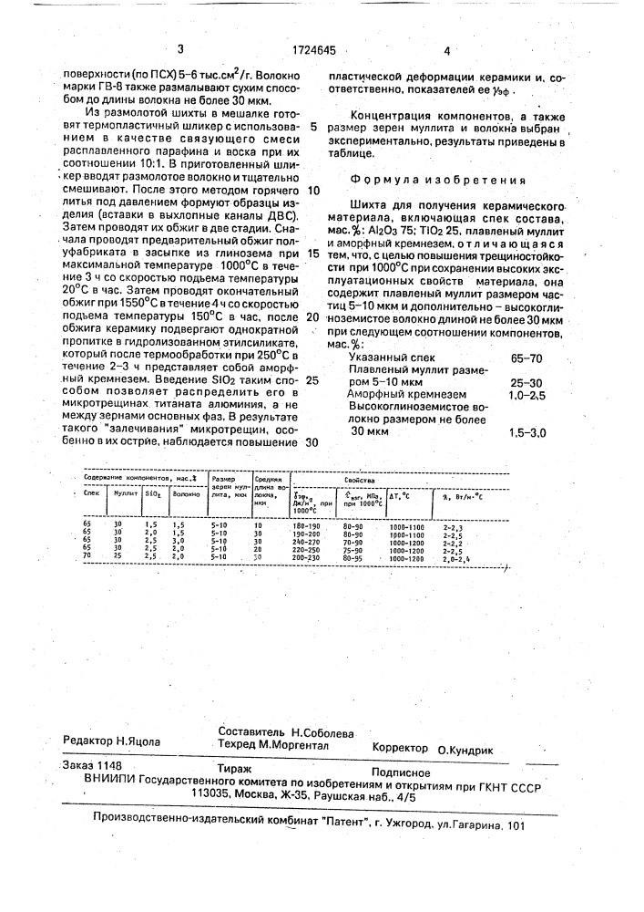 Шихта для получения керамического материала (патент 1724645)