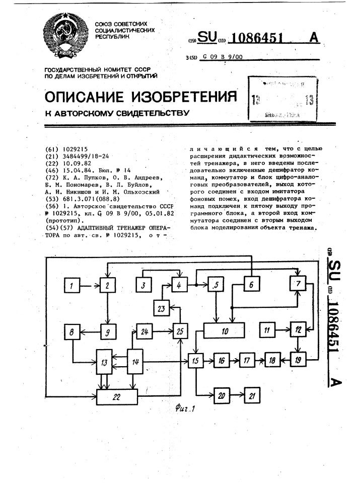 Адаптивный тренажер оператора (патент 1086451)