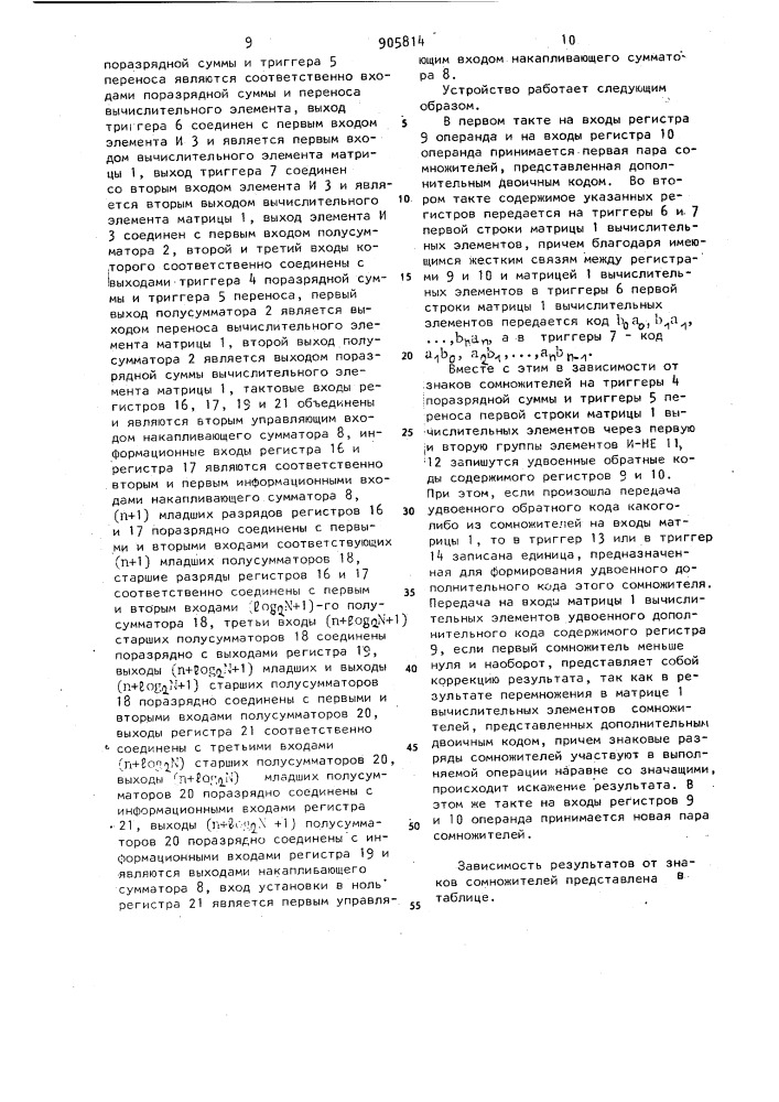 Устройство для вычисления сумм произведений (патент 905814)