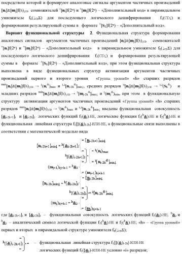 Способ формирования аргументов аналоговых сигналов частичных произведений [ni]&amp;[mj]f(h) cd аргументов сомножителей &#177;[mj]f(2n) и &#177;[ni]f(2n) - &quot;дополнительный код&quot; в пирамидальном умножителе f ( cd ) для последующего логического дешифрирования f1(cd ) и формирования результирующей суммы в формате &#177;[s ]f(2n) - &quot;дополнительный код&quot; и функциональная структура для его реализации (варианты русской логики) (патент 2473955)