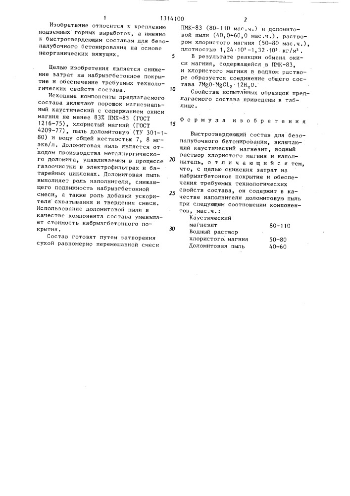 Быстротвердеющий состав для безопалубочного бетонирования (патент 1314100)