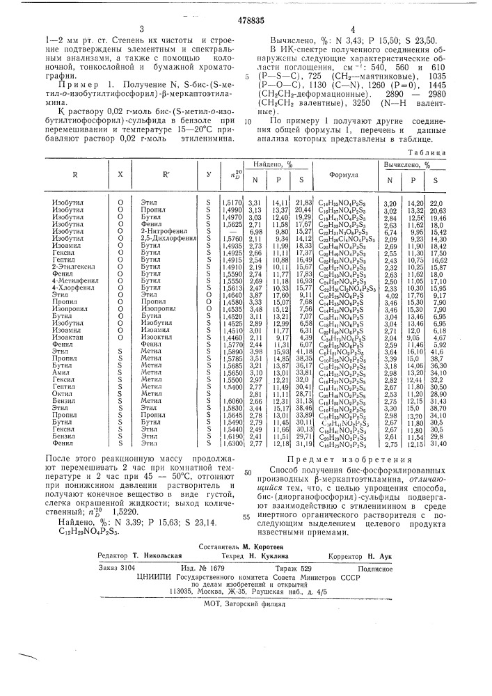 Способ получения бис-фосфорилированных производных - меркаптоэтиламина (патент 478835)