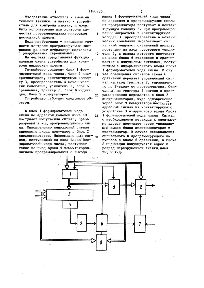 Устройство для контроля микросхем памяти (патент 1180985)