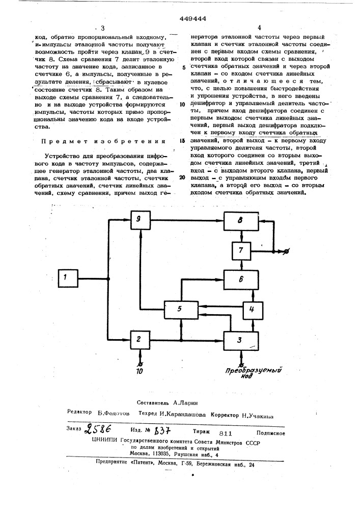 Устройство для преобразования цифрового кода в частоту импульсов (патент 449444)