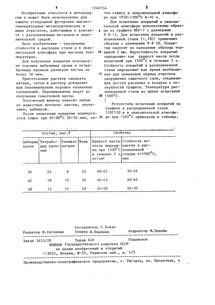 Композиция для получения защитного покрытия на графите (патент 1240754)