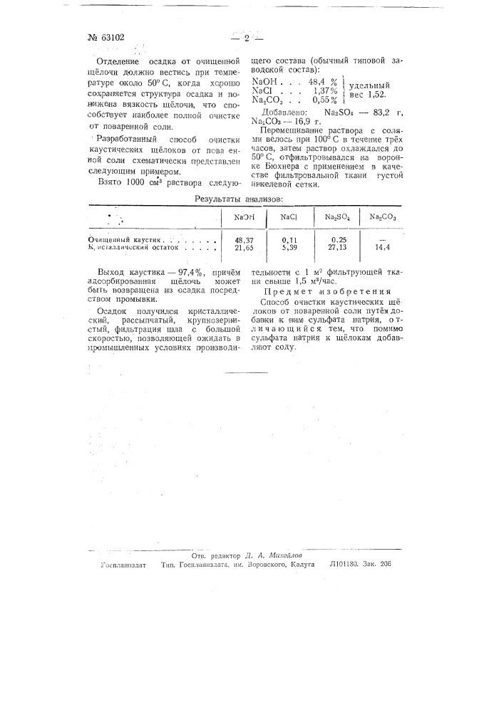 Способ очистки каустических щелоков от поваренной соли (патент 63102)