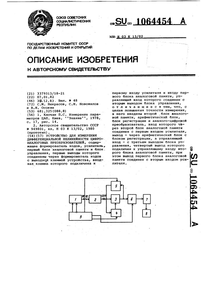 Устройство для измерения дифференциальной нелинейности цифроаналоговых преобразователей (патент 1064454)