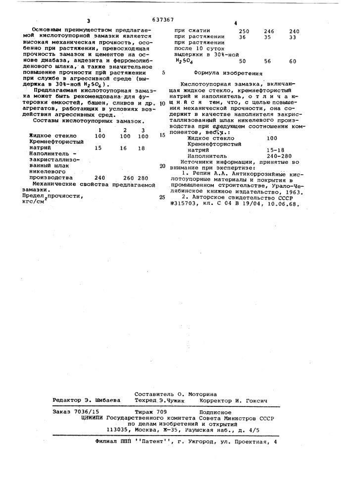 Кислотоупорная замазка (патент 637367)