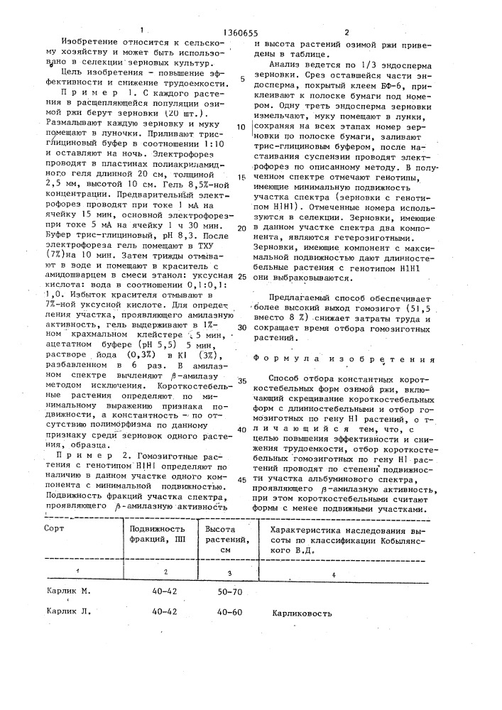 Способ отбора константных короткостебельных форм озимой ржи (патент 1360655)