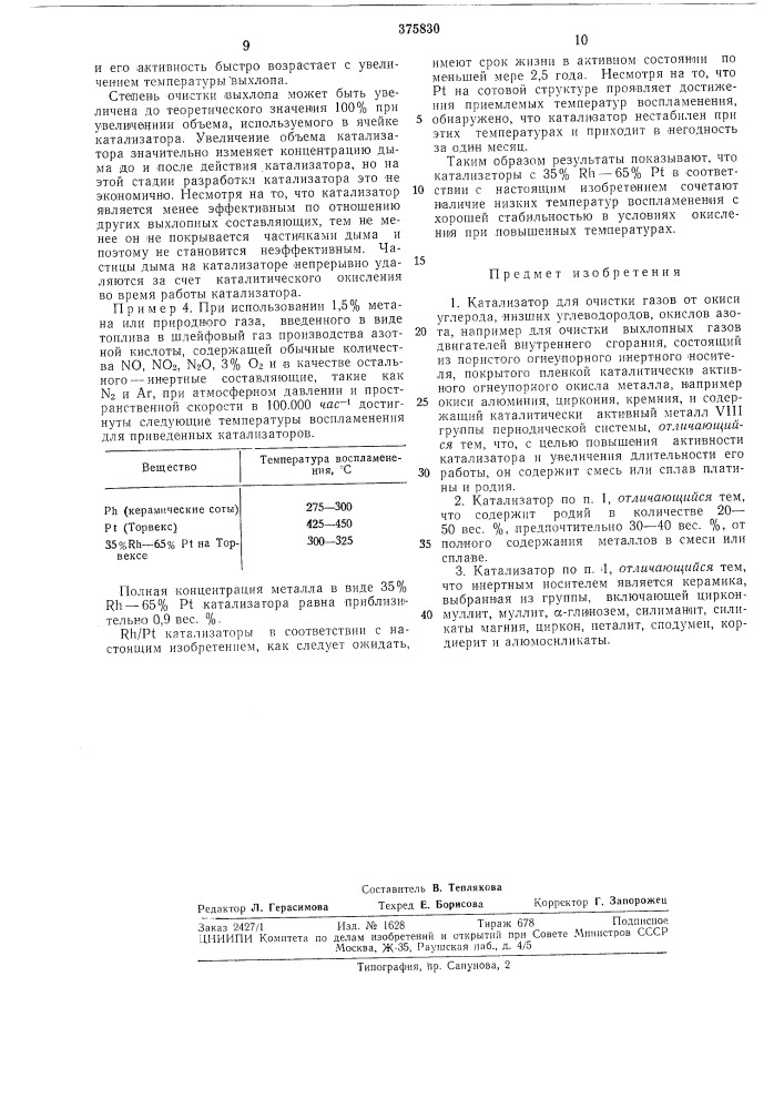 Катализатор для очистки газов (патент 375830)