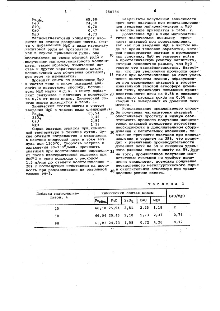 Способ получения магнититовых окатышей (патент 950784)