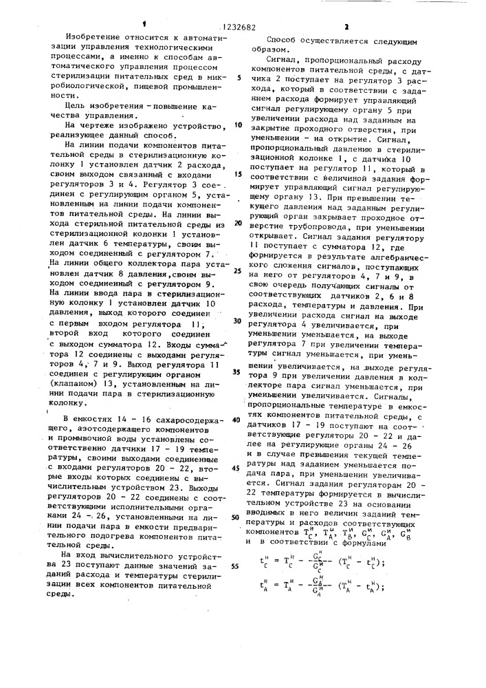 Способ автоматического управления процессом стерилизации многокомпонентной питательной среды (патент 1232682)