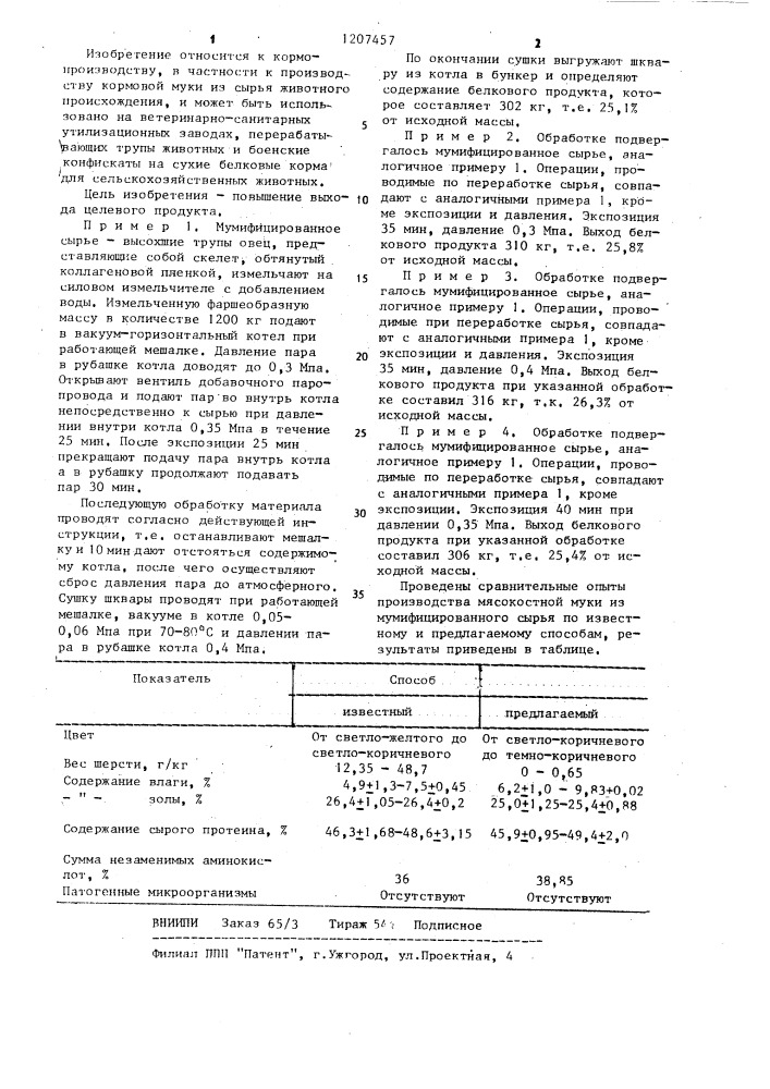 Способ получения белкового корма из мумифицированного сырья (патент 1207457)