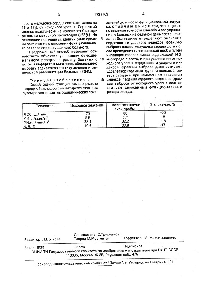 Способ оценки функционального резерва сердца у больных острым инфарктом миокарда (патент 1731163)