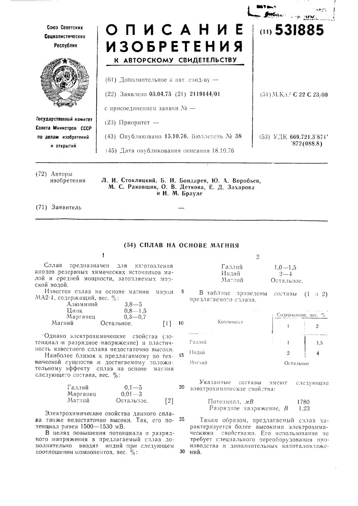 Сплав на основе магния (патент 531885)