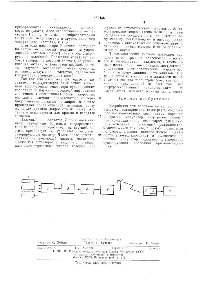 Устройство для передачи информации при высотном зондировании атмосферы (патент 432436)