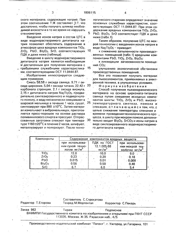 Способ получения пьезокерамического материала (патент 1806115)