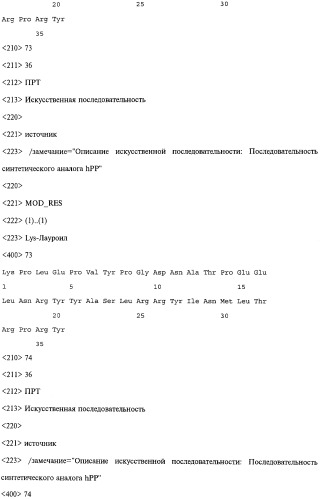 Аналог панкреатического полипептида человека (варианты), фармацевтическая композиция на его основе, способ лечения ожирения или диабета, способ снижения аппетита, уменьшения поглощения пищи или снижения потребления калорий и способ косметического снижения массы посредством указанного аналога (патент 2506273)