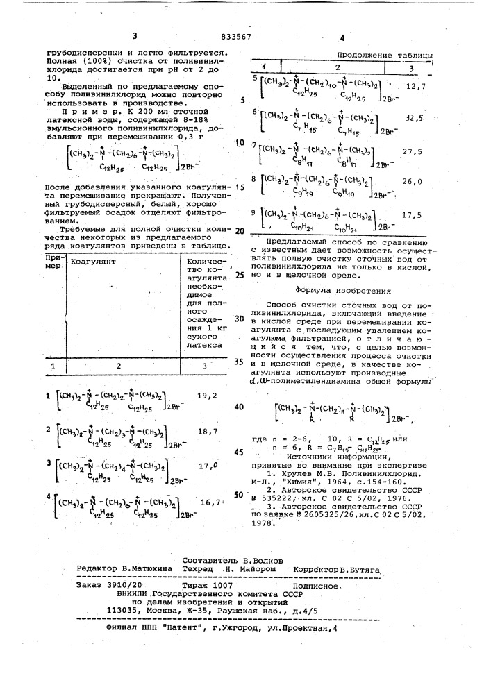 Способ очистки сточных вод отполивинил-хлорида (патент 833567)