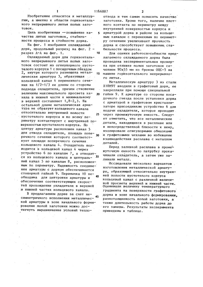 Охлаждаемый дорн для непрерывного горизонтального литья заготовок из сплавов на основе меди (патент 1166887)