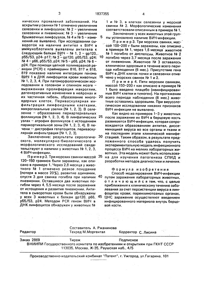 Способ моделирования вич-инфекции (патент 1837355)