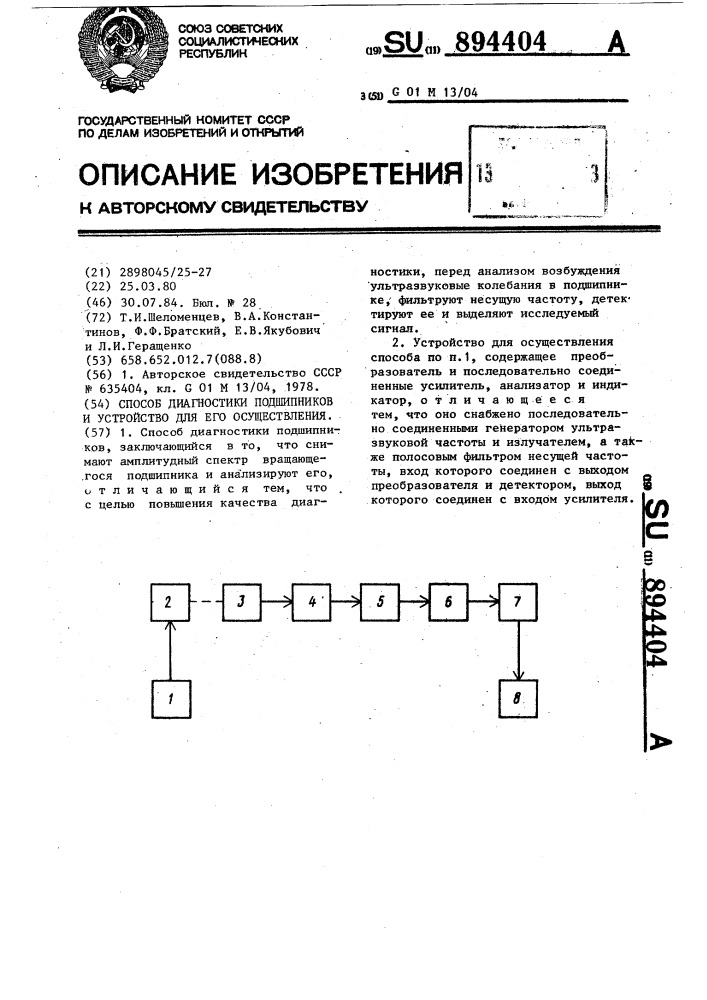 Способ диагностики подшипников и устройство для его осуществления (патент 894404)