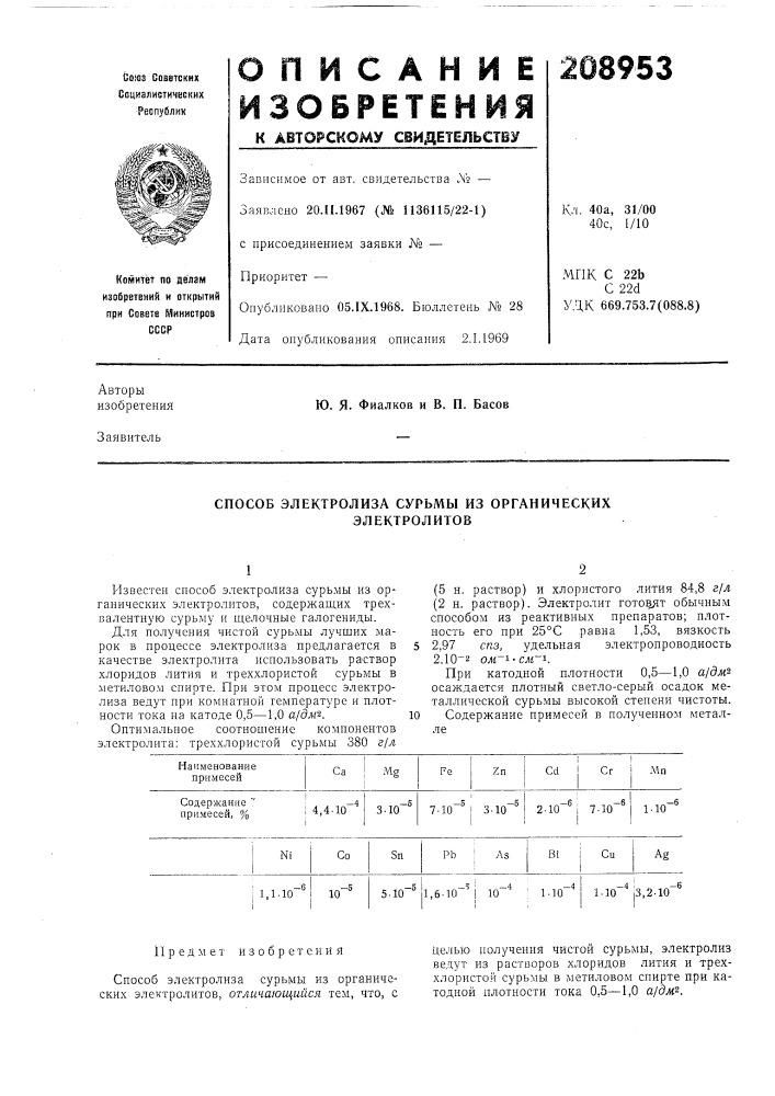 Способ электролиза сурьмы из органических электролитов (патент 208953)