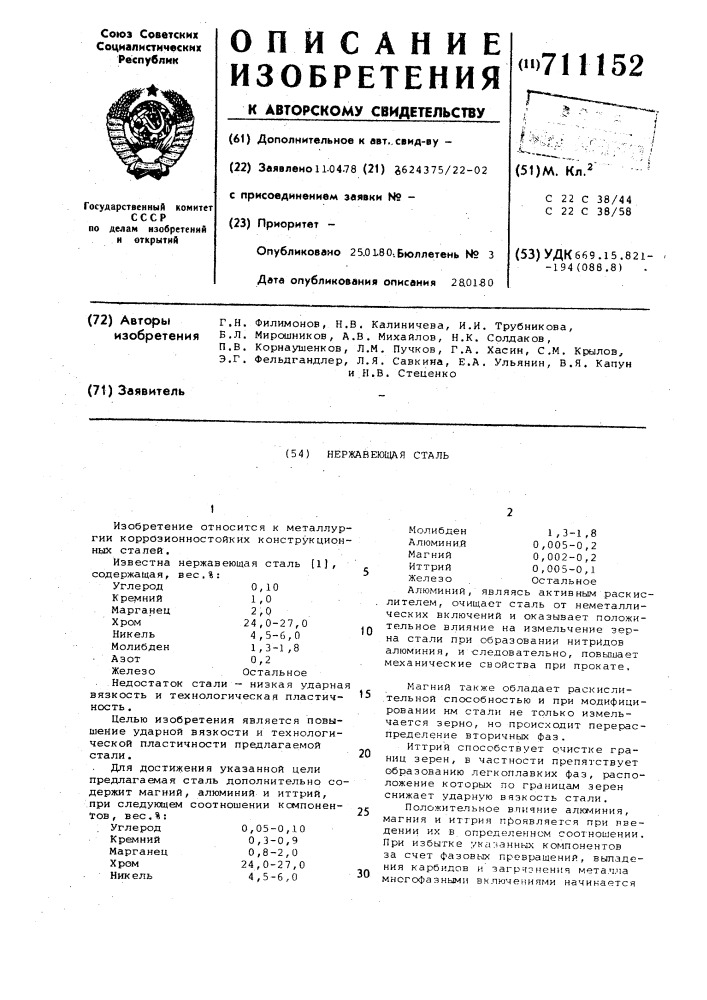 Нержавеющая сталь (патент 711152)