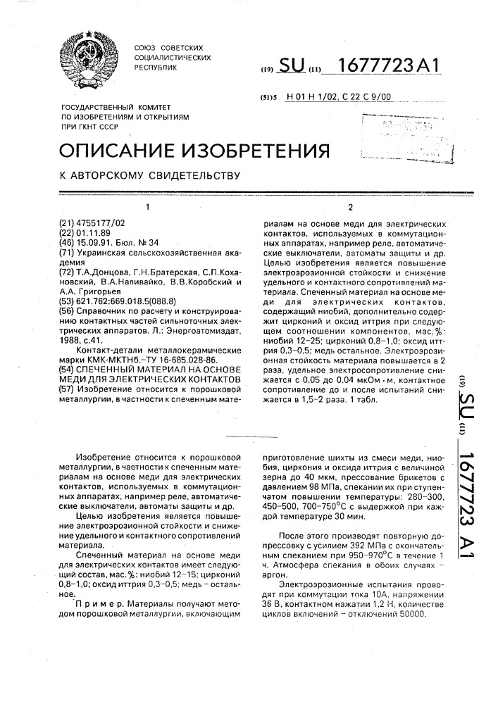 Спеченный материал на основе меди для электрических контактов (патент 1677723)