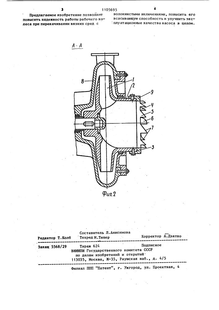 Рабочее колесо погружного насоса для перекачивания неоднородных сред (патент 1105695)