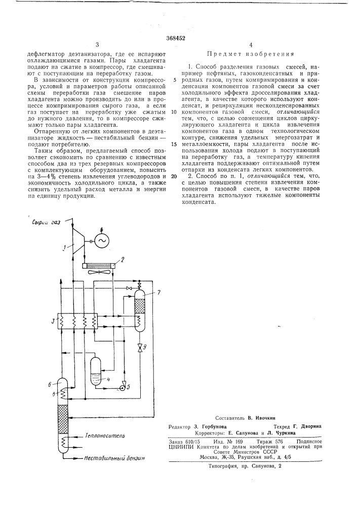 Способ разделения газовых смесей (патент 368452)