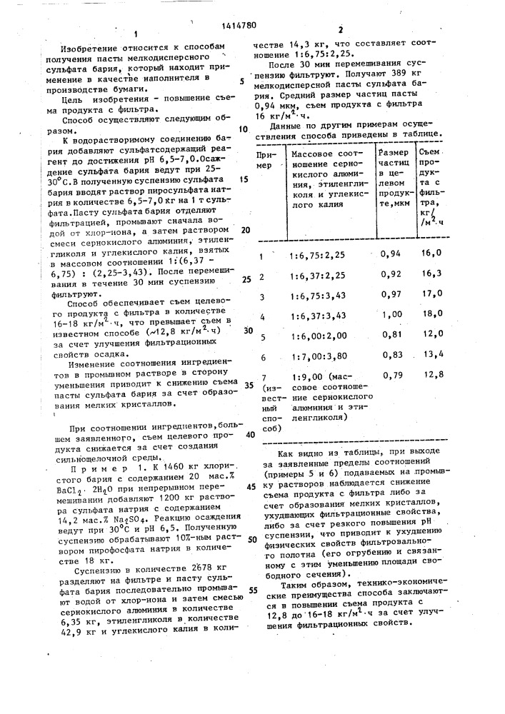 Способ получения пасты мелкодисперсного сульфата бария (патент 1414780)