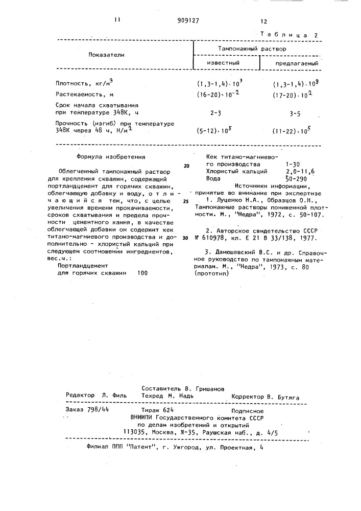 Облегченный тампонажный раствор для крепления скважин (патент 909127)