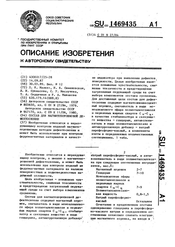 Состав для магнитопорошковой дефектоскопии (патент 1469435)