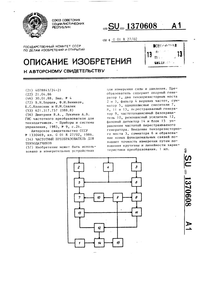 Частотный преобразователь для тензодатчиков (патент 1370608)
