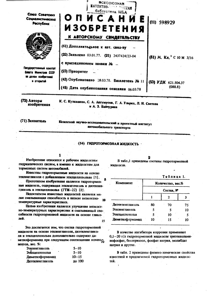 Гидротормозная жидкость (патент 598929)