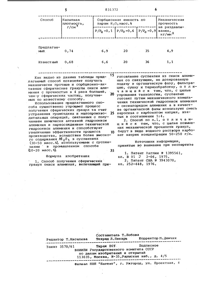 Способ получения сферических гранулокиси алюминия (патент 831372)