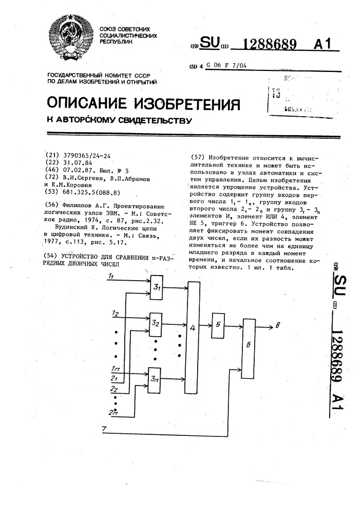 Устройство для сравнения @ -разрядных двоичных чисел (патент 1288689)