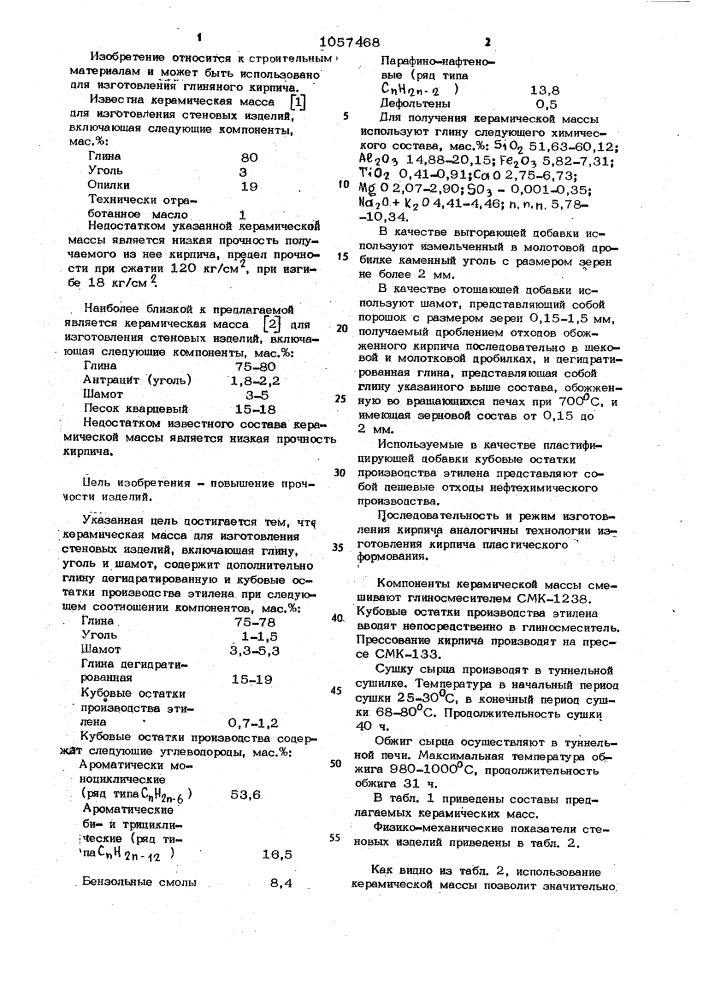 Керамическая масса для изготовления стеновых изделий (патент 1057468)