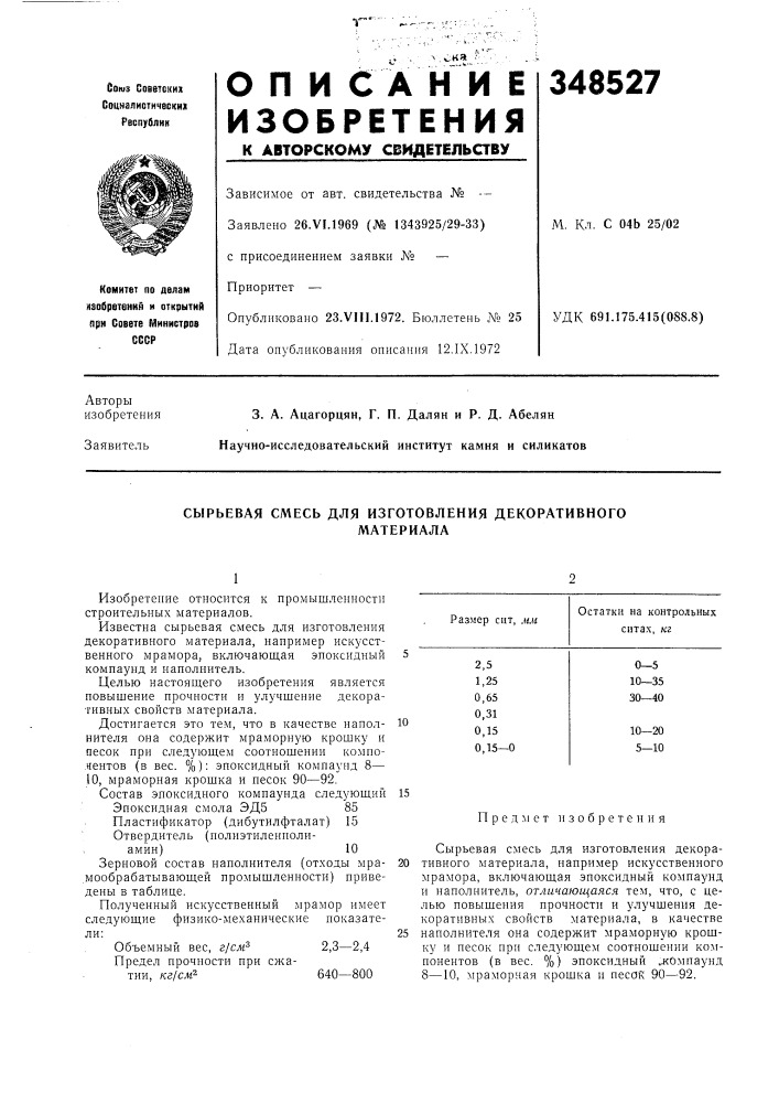 Сырьевая смесь для изготовления декоративногоматериала (патент 348527)