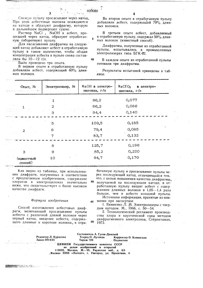 Способ изготовления асбестовых диафрагм (патент 690080)