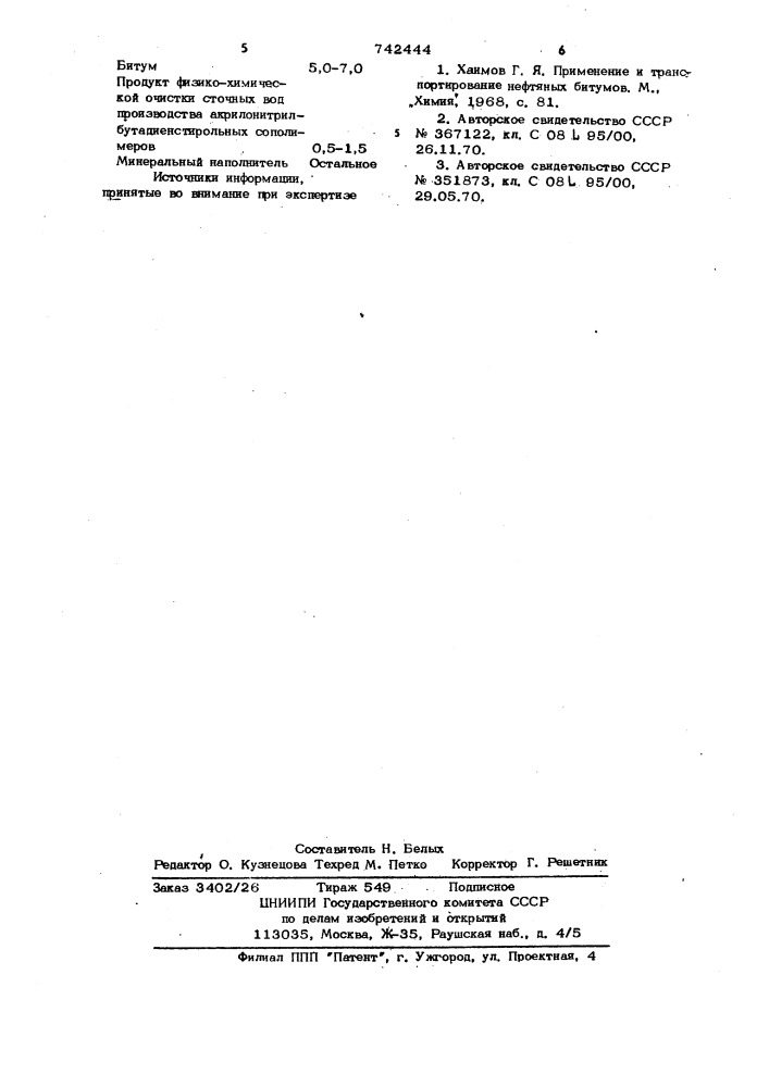 Состав для дорожных покрытий (патент 742444)